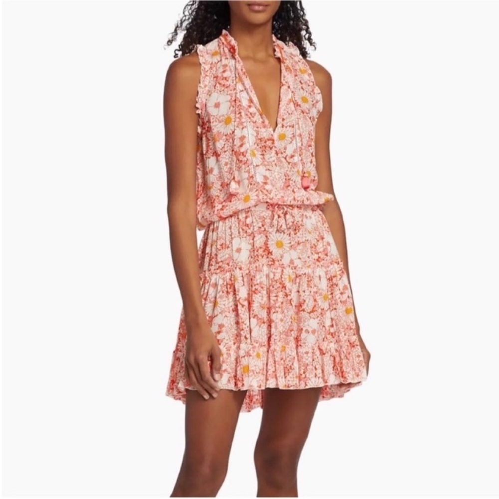 Poupette St Barth Clara Dress Mini Floral Sleeveless Orange White Size Large